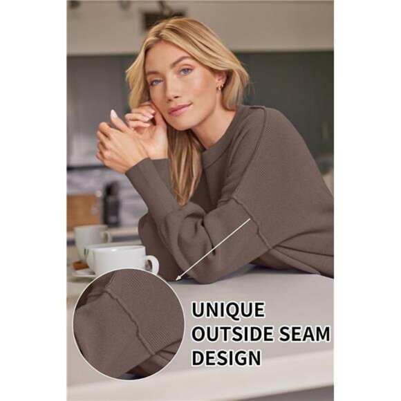 Women's Crewneck Batwing Oversized Long Sleeve Sweaters Side‎ Slit Pullover Tops - Picture 4 of 6